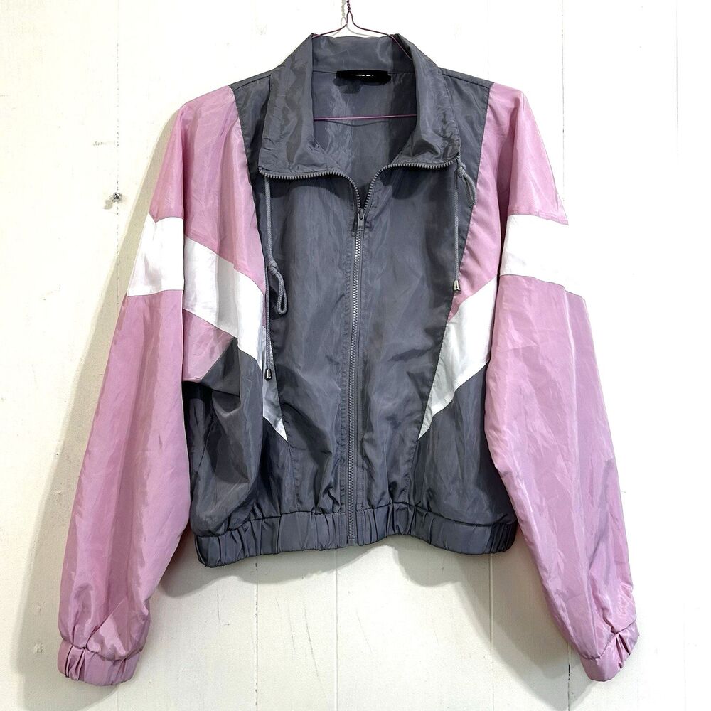 C'EST TOI Women's Windbreaker Jacket Size Large Gray White Pink Nylon Jacket
